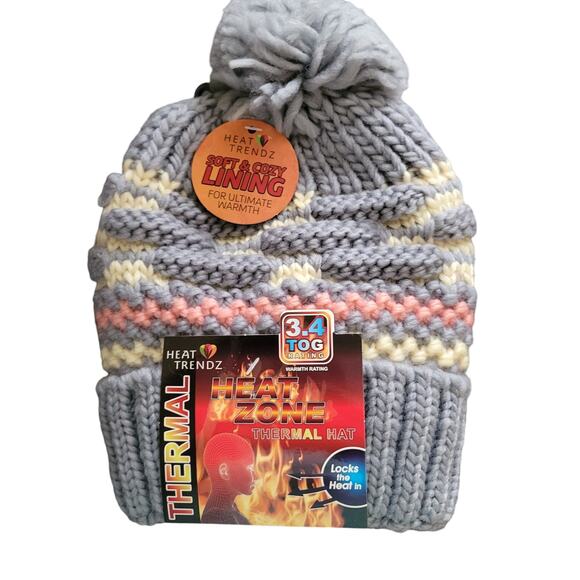 Heat Trendz Thermal Pompom Hat - Gray/Cream - One Size NWT - Picture 1 of 6